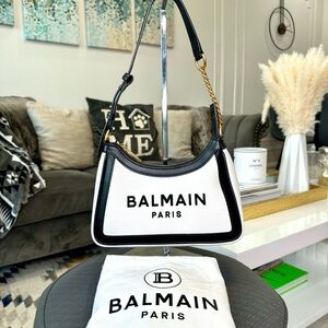 Balmain Black and White Shoulder Bag with Gold Chain